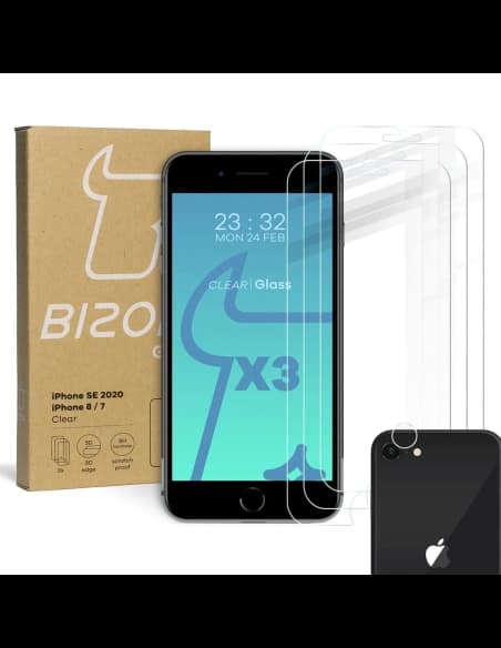 Bizon üveg Átlátszó edzett üveg - 3 db. + lencse üveg Apple iPhone SE 2022/2020 8/7