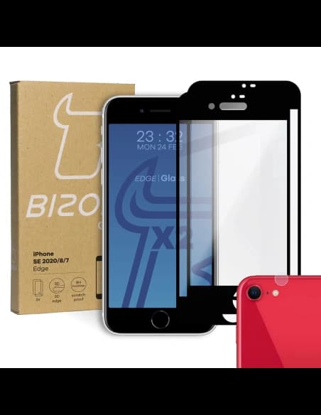 Bizon Glass Edge edzett üveg - [2 PACK] + lencsevédelem Apple iPhone SE 2022/2020 8/7 fekete