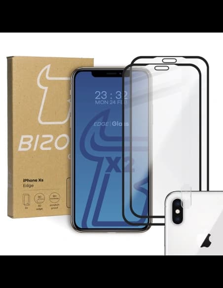 Bizon Glass Edge edzett üveg - [2 PACK] + lencse védelem Apple iPhone Xs / X fekete