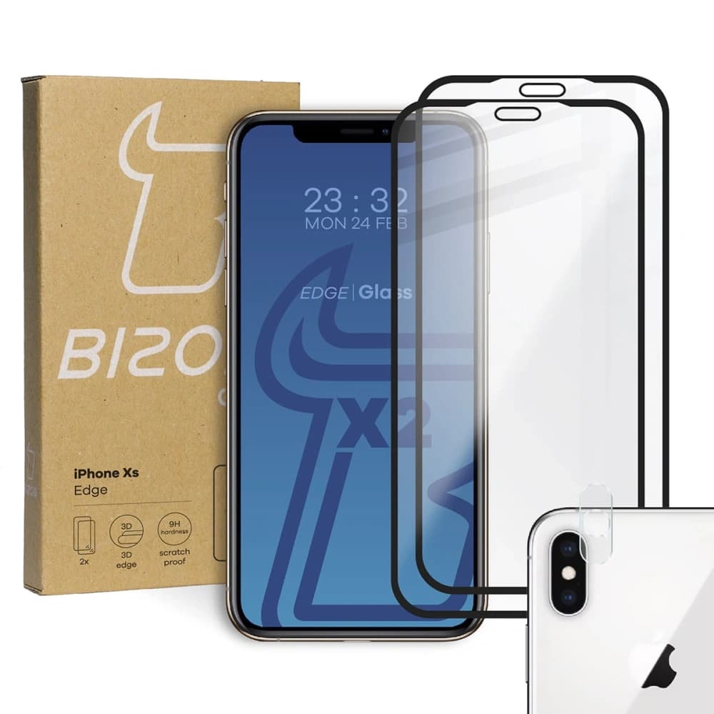 Bizon Glass Edge edzett üveg - [2 PACK] + lencse védelem Apple iPhone Xs / X fekete - 1