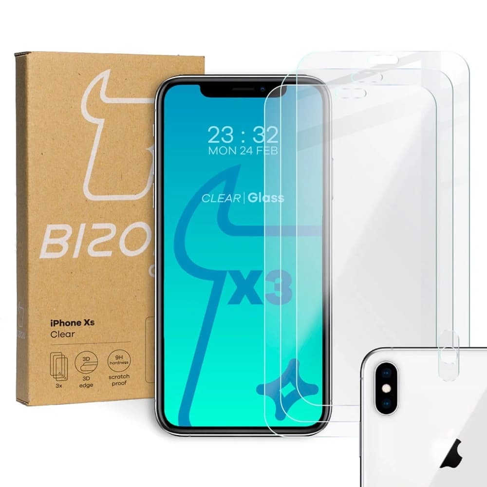 Bizon üveg Átlátszó edzett üveg - 3 db. + lencse üveg Apple iPhone Xs