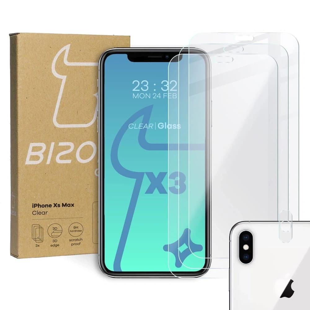 Bizon Glass Sticlă securizată transparentă - 3 buc. + sticlă pentru lentilă Apple iPhone Xs Max