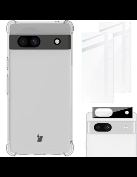 Bizon Case Clear Pack-Hülle + 2x Bildschirmglas + Objektivglas Google Pixel 7A klar