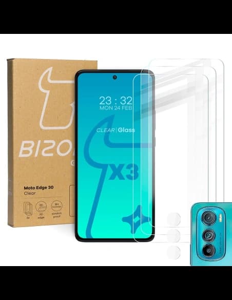 Bizon Glass Clear tempered glass - 3 pcs. + lens glass Motorola Edge 30