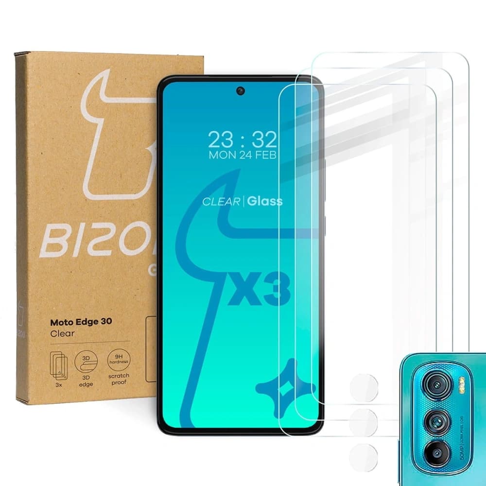 Bizon Glass Clear tempered glass - 3 pcs. + lens glass Motorola Edge 30