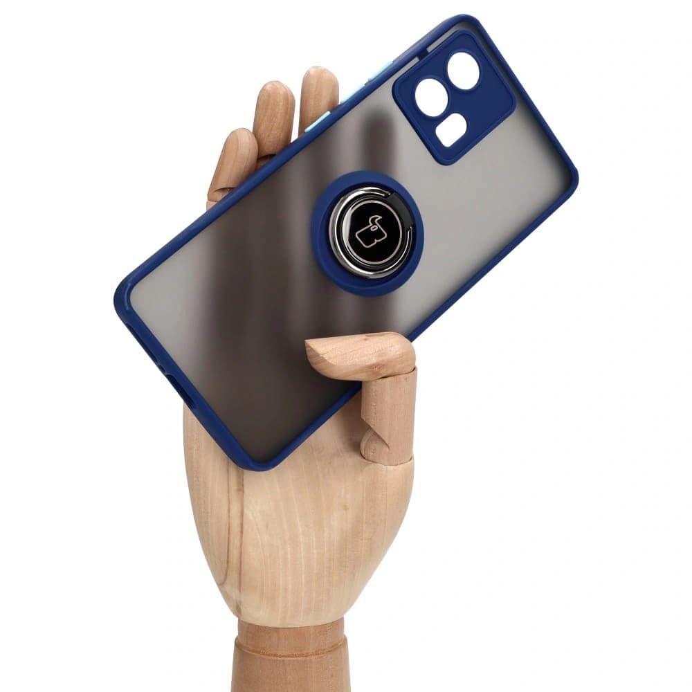 Pouzdro s úchopem na prst Bizon Case Hybrid Ring pro Motorola Edge 30 Fusion, kouřové s modrým rámečkem. - 6