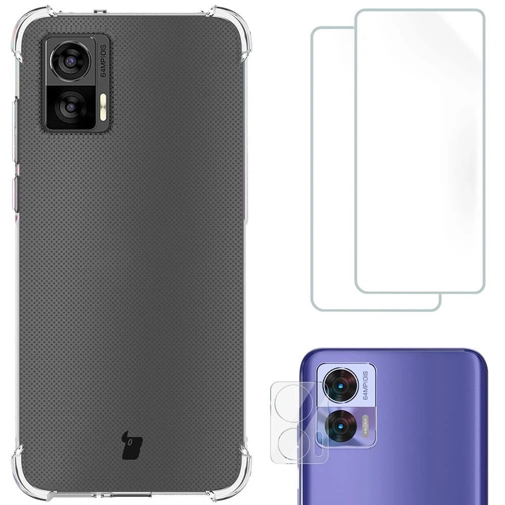 Bizon Case Clear Pack carcasă + 2x film pentru ecran + protecție pentru lentile Motorola Moto Edge 30 Neo transparentă