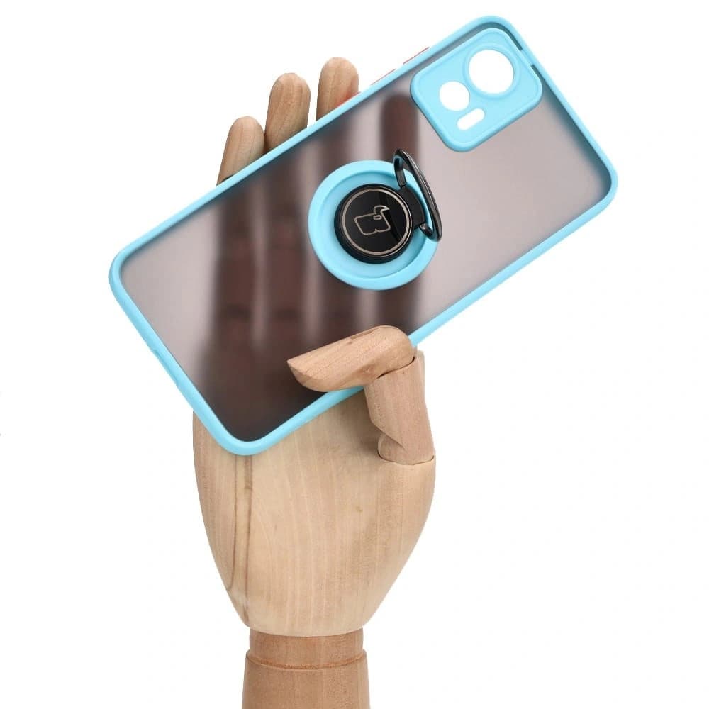 Pouzdro s prstovým úchytem Bizon Case Hybrid Ring pro Motorola Edge 30 Neo kouřové s jasně modrým rámečkem. - 7