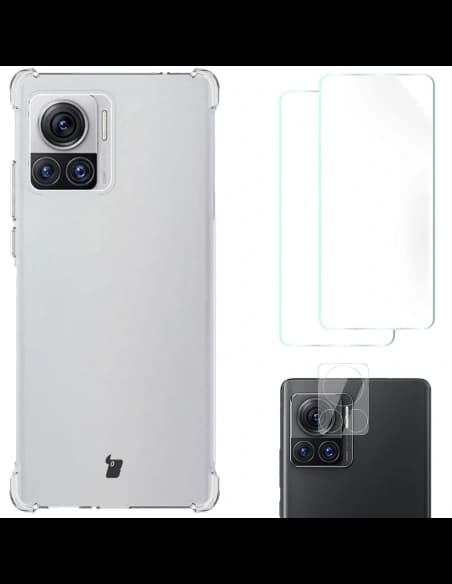 Bizon Case Clear Pack carcasă + 2x folie de ecran + protector de lentilă Motorola Moto Edge 30 Ultra clar