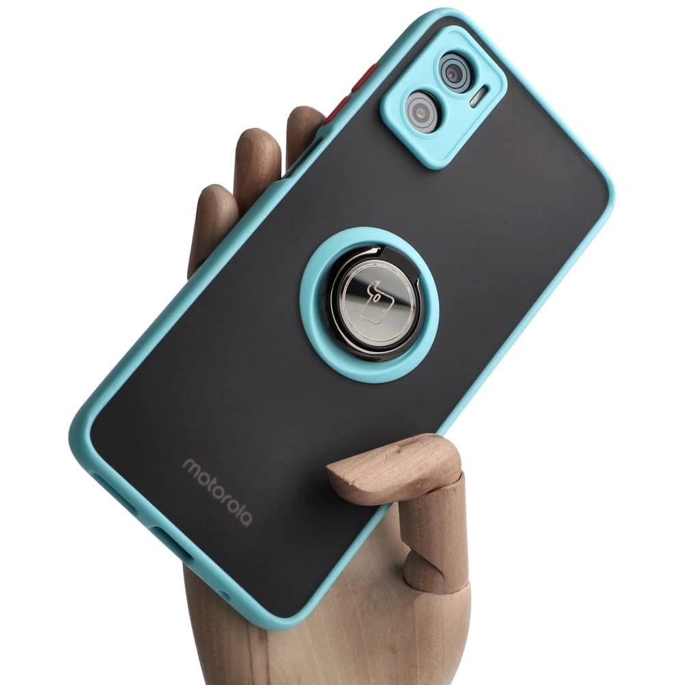 Bizon Case Hybrid Ring Motorola Moto E22 / E22i rauchig mit einem hellblauen Rahmen