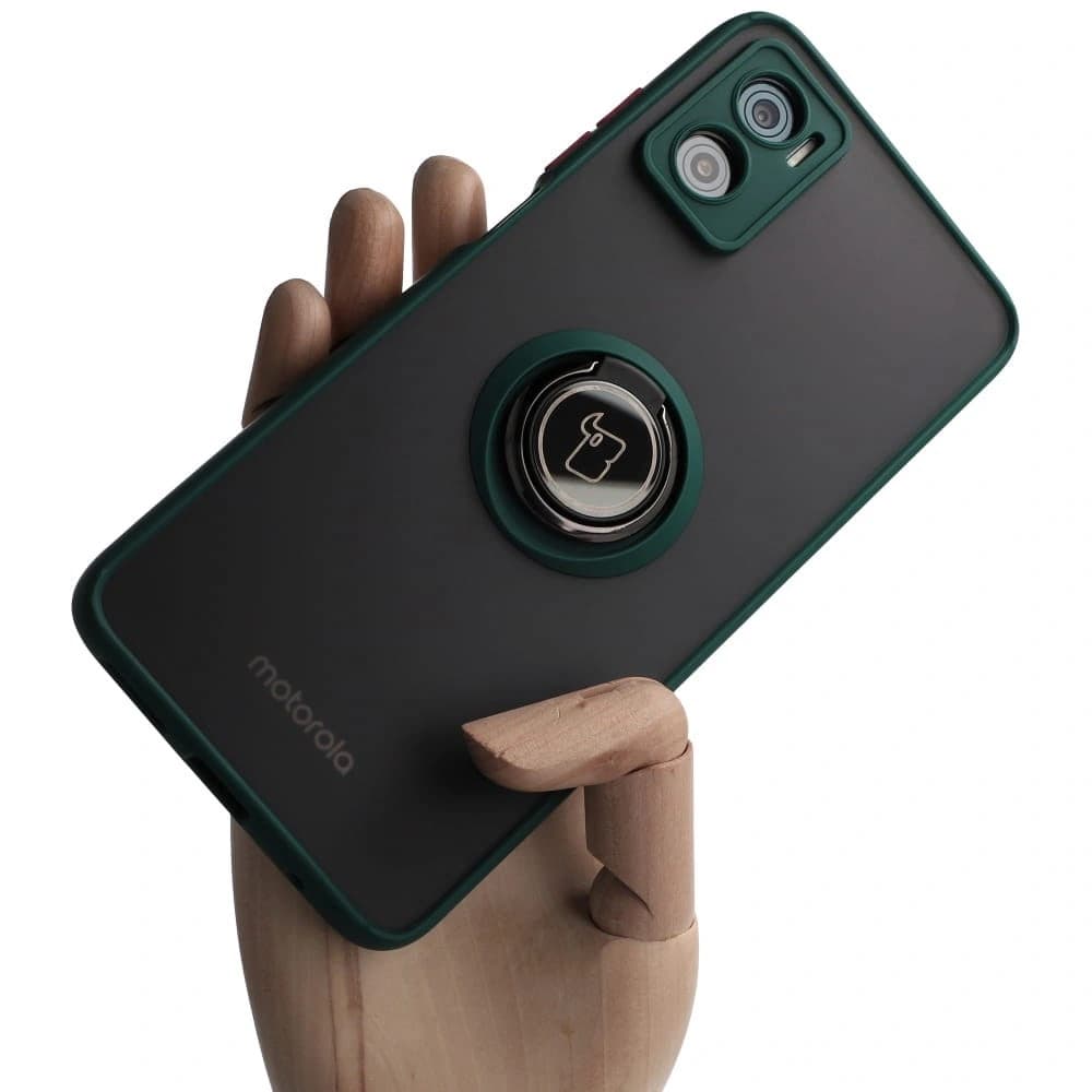 Bizon Case Hybrid Ring Motorola Moto E22 / E22i rauchig mit einem dunkelgrünen Rahmen