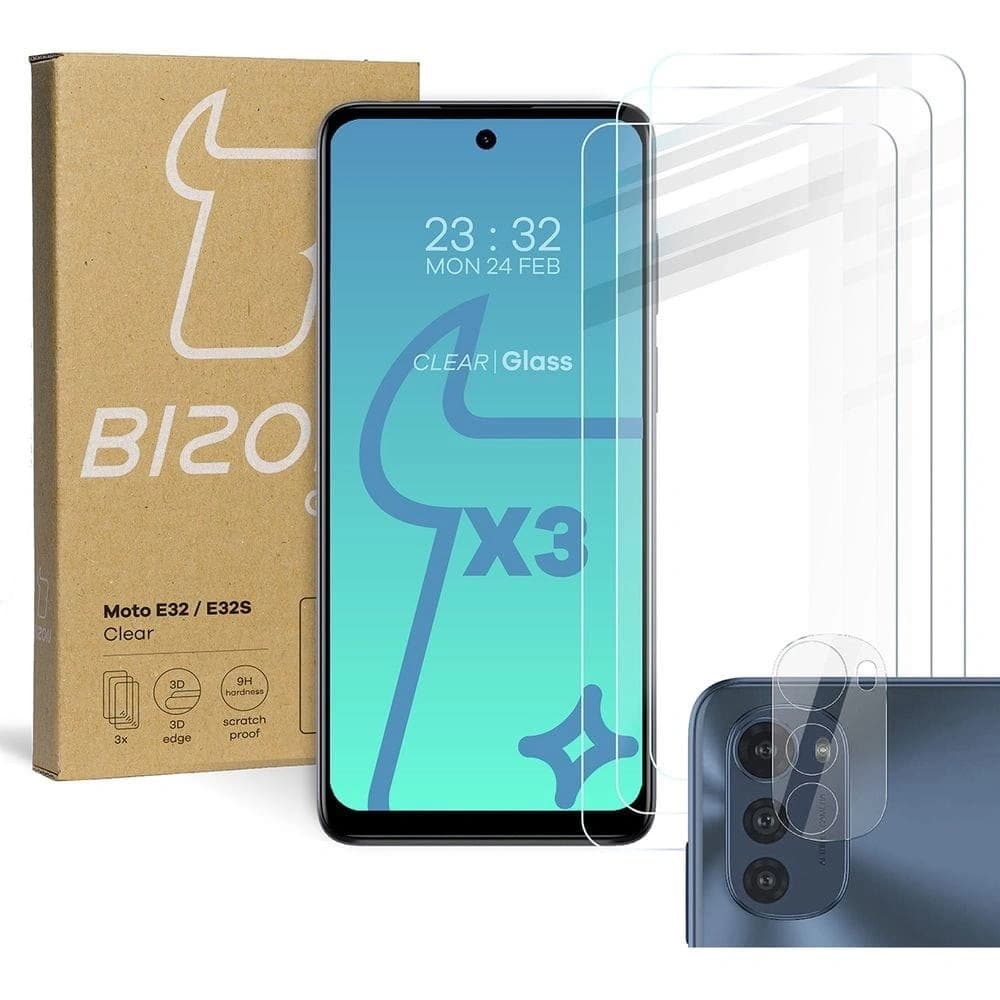 Bizon Glas Klar gehärtetes Glas - 3 Stk. + Linsen Glas Motorola Moto E32 / E32s
