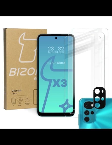 Bizon Glass sticlă temperată clară - 3 buc. + sticlă lentilă Motorola Moto G22