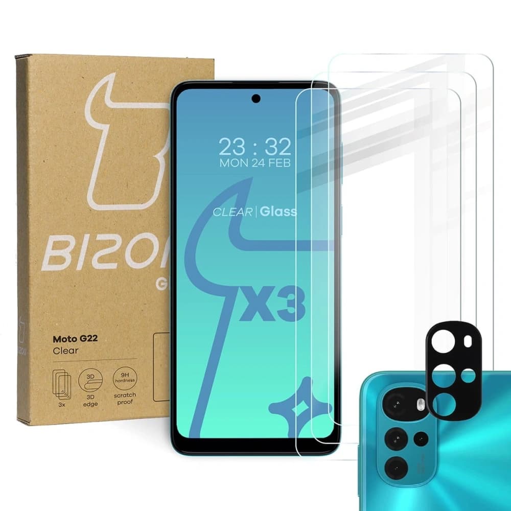Bizon Glass sticlă temperată clară - 3 buc. + sticlă lentilă Motorola Moto G22