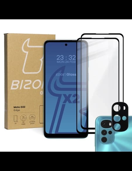 Bizon Glass Edge sticlă temperată - [2 PACHET] + protecție pentru lentile Motorola Moto G22 negru