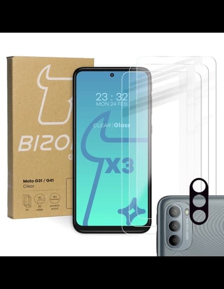 Bizon üveg Átlátszó edzett üveg - 3 db. + lencse üveg Moto G31 / G41