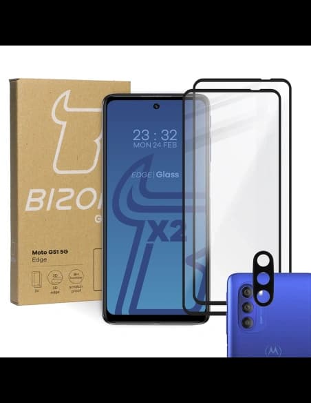 Bizon Glass Edge gehärtetes Glas - [2 PACK] + Linsenschutz Moto G51 5G schwarz