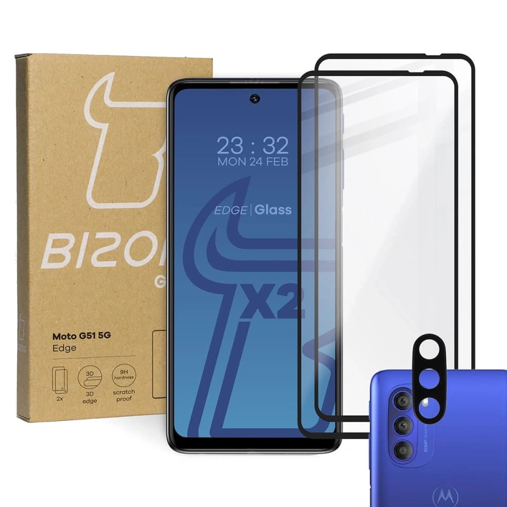 Bizon Glass Edge gehärtetes Glas - [2 PACK] + Linsenschutz Moto G51 5G schwarz - 1