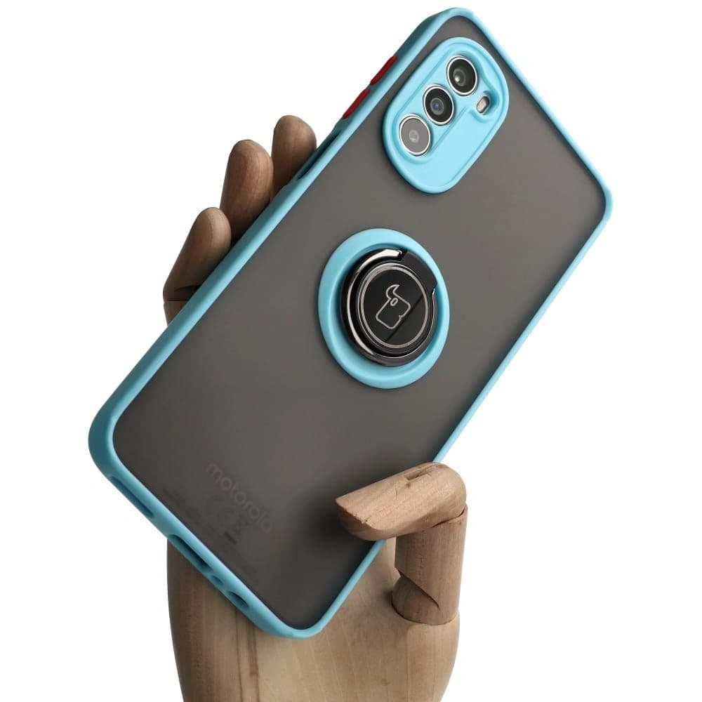 Bizon Case Hybrid Ring Motorola Moto G52 / G82 rauchig mit einem hellblauen Rahmen