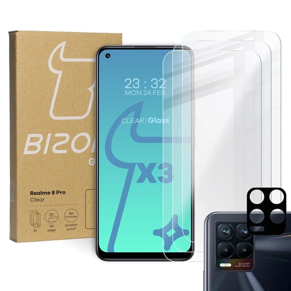 Bizon Glas Klar gehärtetes Glas - 3 Stück. + Linsenglas Realme 8 Pro - 1