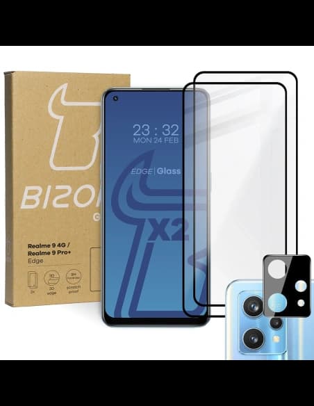 Bizon Glass Edge gehärtetes Glas - [2 PACK] + Linsenschutz für Realme 9 4G / Realme 9 Pro+ schwarz