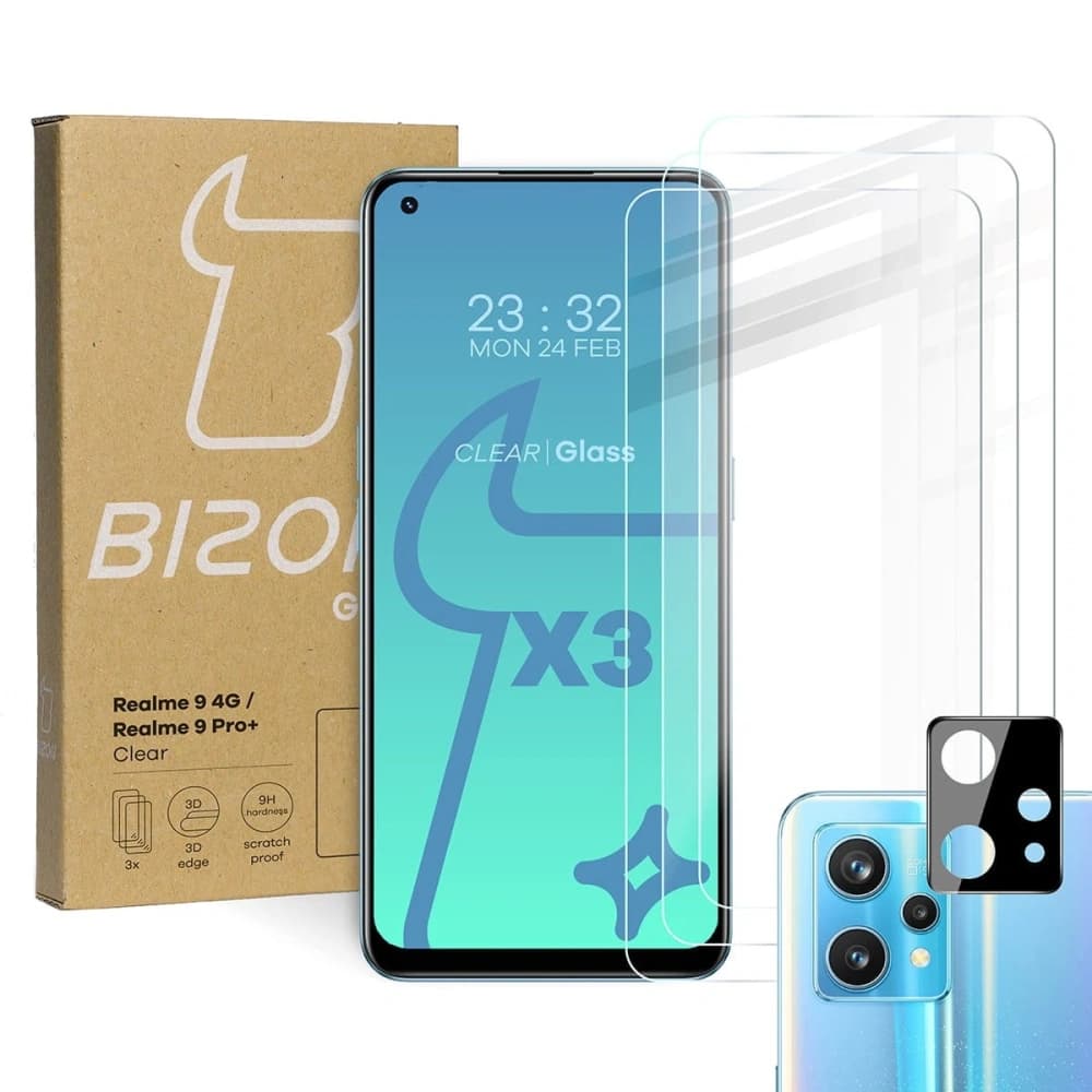 Bizon Glas Klar gehärtetes Glas - 3 Stück + Linsen Glas Realme 9 4G / Realme 9 Pro+ - 1