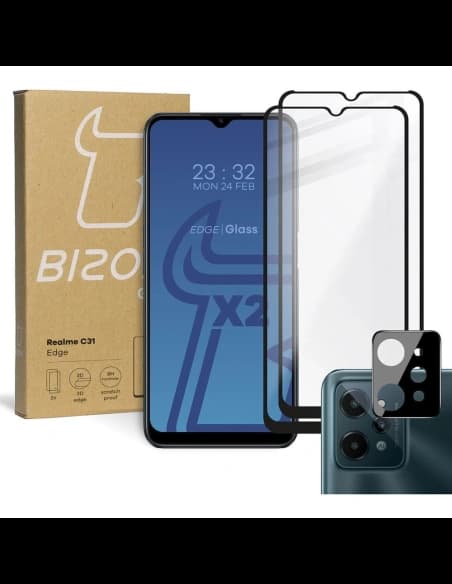 Bizon Glass Edge sticlă securizată - [2 PACK] + protecție lentilă Realme C31 negru