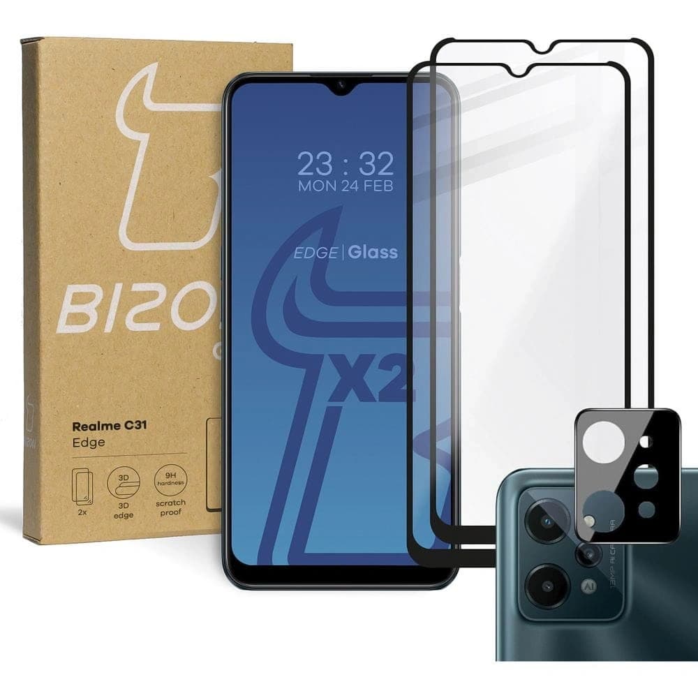 Bizon Glass Edge tempered glass - [2 PACK] + lens protection Realme C31 black - 1