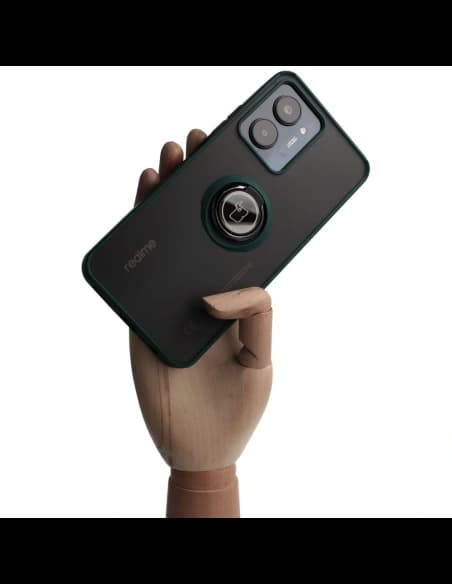 Pouzdro s úchopem na prst Bizon Case Hybrid Ring pro Realme C33 / C30 / Narzo 50i Prime kouřové s tmavě zeleným rámem.