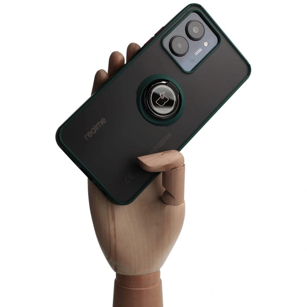 Pouzdro s úchopem na prst Bizon Case Hybrid Ring pro Realme C33 / C30 / Narzo 50i Prime kouřové s tmavě zeleným rámem. - 1