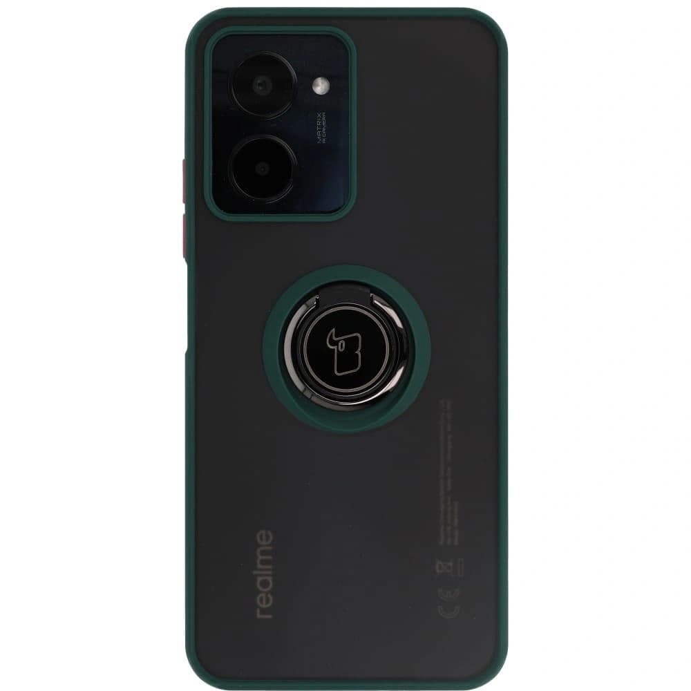 Pouzdro s úchopem na prst Bizon Case Hybrid Ring pro Realme C33 / C30 / Narzo 50i Prime kouřové s tmavě zeleným rámem. - 2