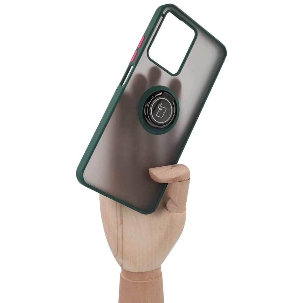 Pouzdro s úchopem na prst Bizon Case Hybrid Ring pro Realme C33 / C30 / Narzo 50i Prime kouřové s tmavě zeleným rámem. - 7