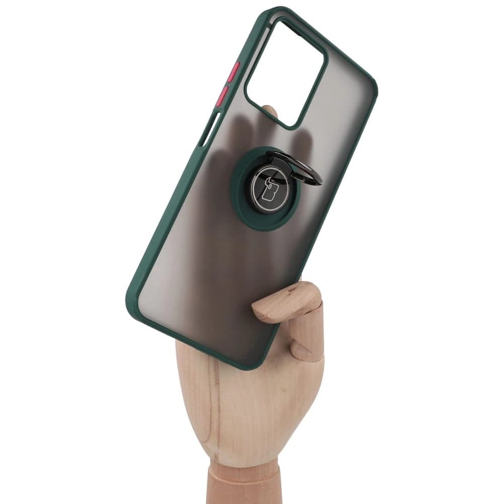 Pouzdro s úchopem na prst Bizon Case Hybrid Ring pro Realme C33 / C30 / Narzo 50i Prime kouřové s tmavě zeleným rámem. - 8