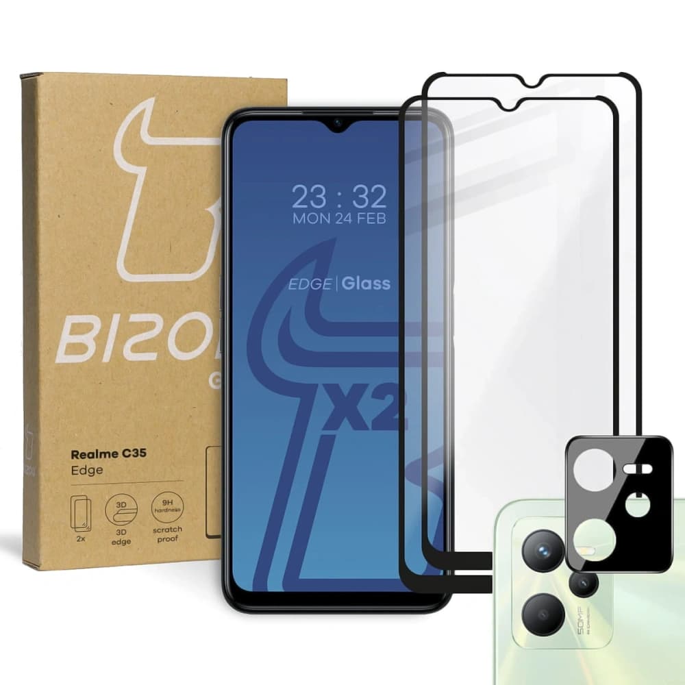 Bizon Glass Edge tempered glass - [2 PACK] + lens protection Realme C35 black - 1