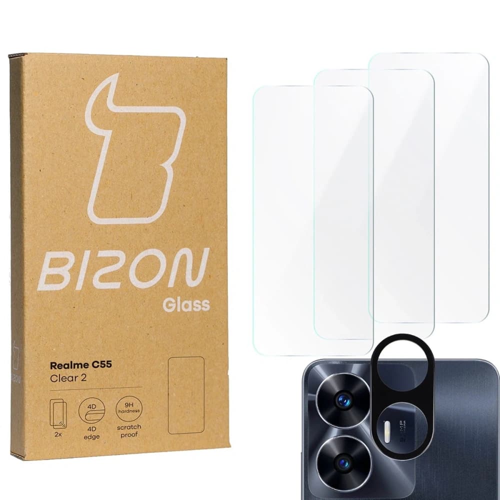 3x Sklo na displej + sklo na fotoaparát BIZON Clear 2 pro Realme C55 - 1