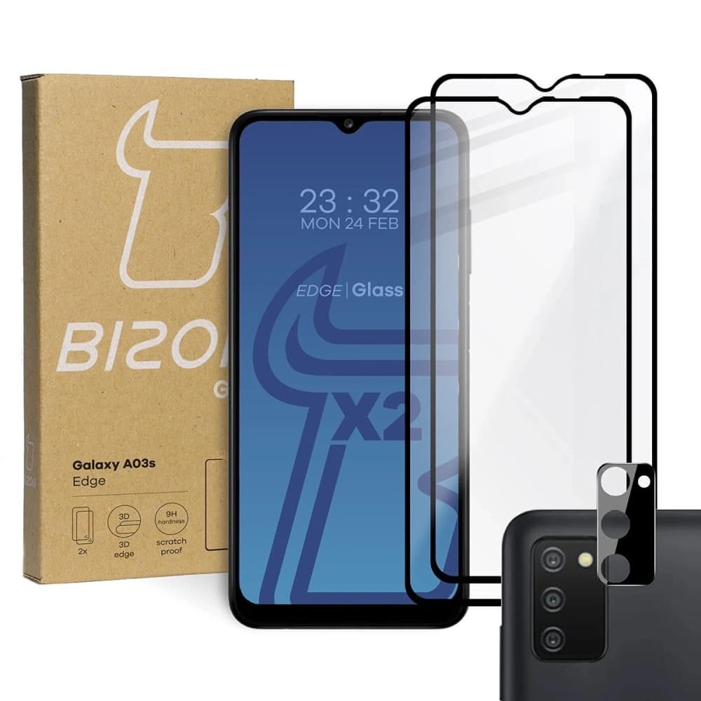 Bizon Glass Edge gehärtetes Glas - [2 PACK] + Linsenschutz Samsung Galaxy A03s schwarz - 1