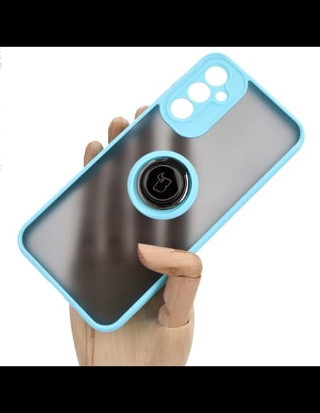 Bizon Case Hybrid Ring Samsung Galaxy A14 4G / 5G fumuriu cu un cadru albastru deschis