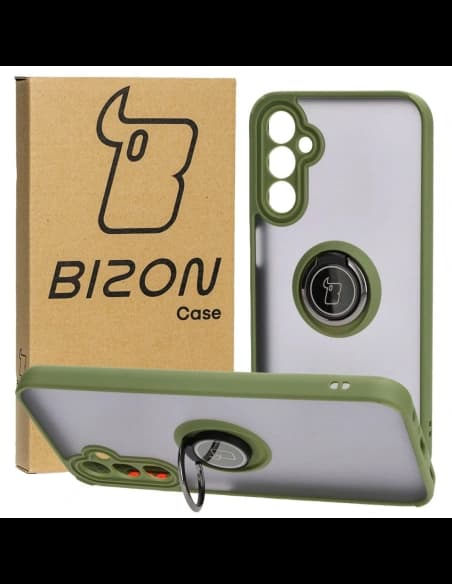 Etui z uchwytem na palec Bizon Case Hybrid Ring do Samsung Galaxy A24 4G kouřové se zeleným rámem