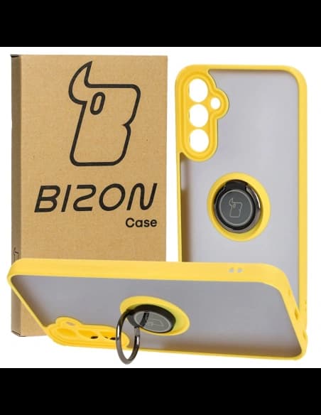Etui s úchopem na prst Bizon Case Hybrid Ring pro Samsung Galaxy A24 4G kouřové s žlutým rámem