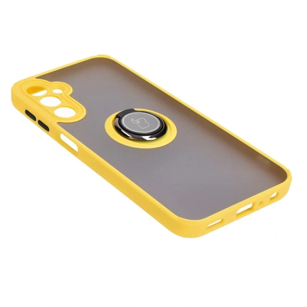 Etui s úchopem na prst Bizon Case Hybrid Ring pro Samsung Galaxy A24 4G kouřové s žlutým rámem - 4