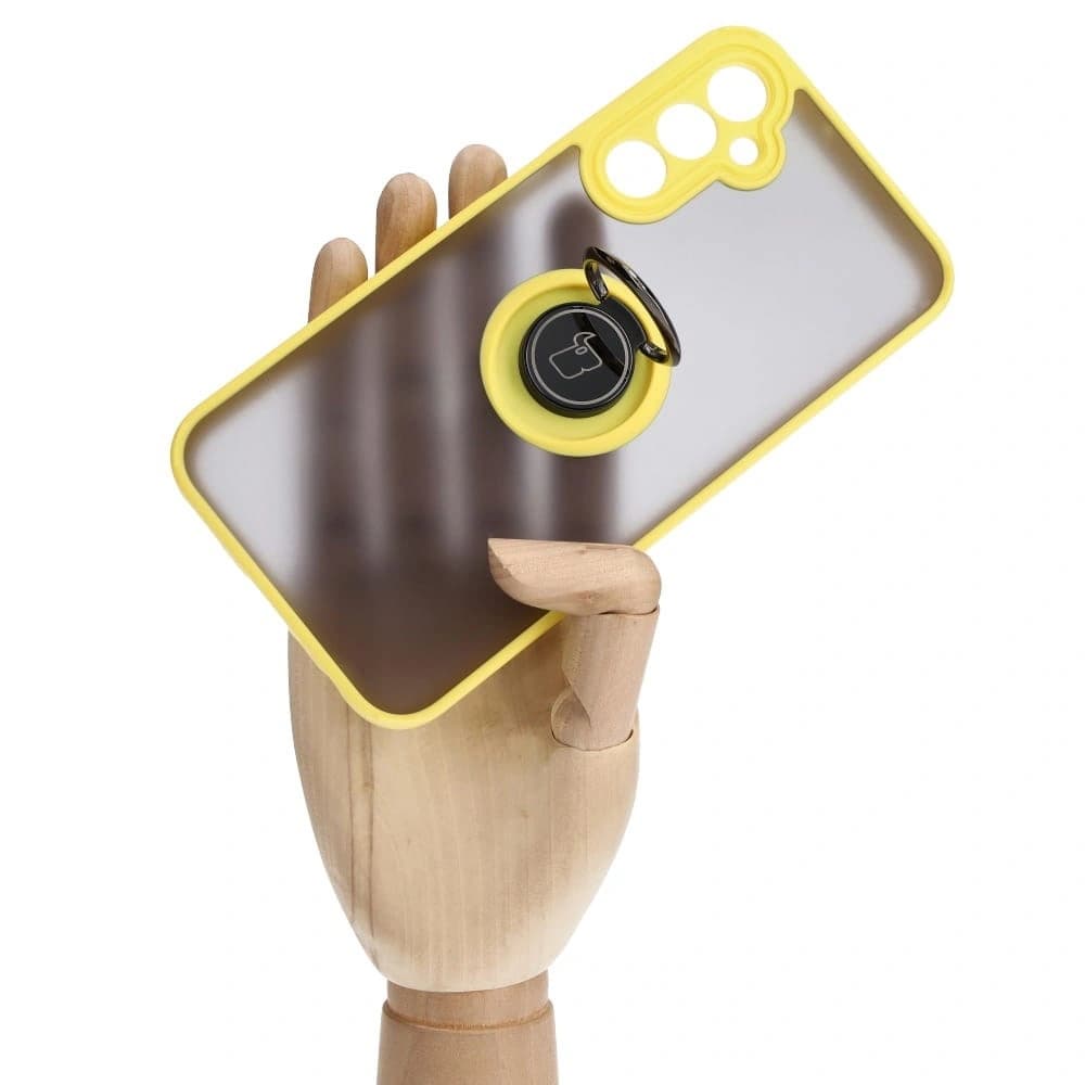 Etui s úchopem na prst Bizon Case Hybrid Ring pro Samsung Galaxy A24 4G kouřové s žlutým rámem - 7