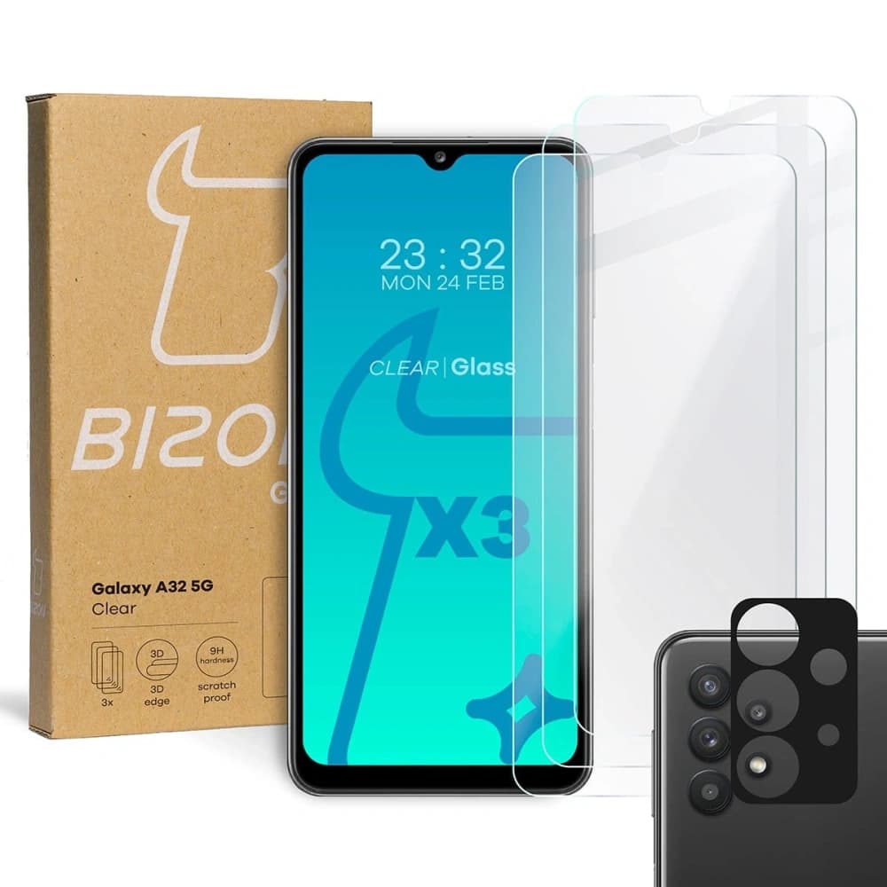 BIZON Klar 2er Pack 3x Bildschirmglas + Kameraglas Samsung Galaxy A32 5G
