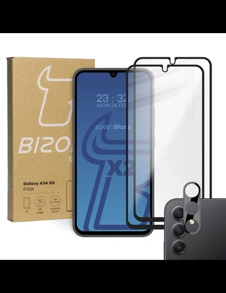 BIZON Edge 2 2x sticlă pentru ecran + sticlă pentru cameră Samsung Galaxy A34 5G
