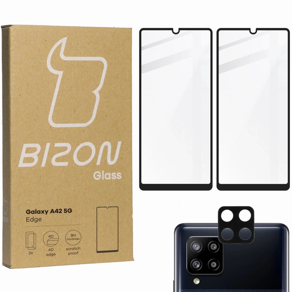 Szkło hartowane Bizon Glass Edge - 2 sztuki + ochrona na obiektyw,  Galaxy A42 5G, czarne - 1