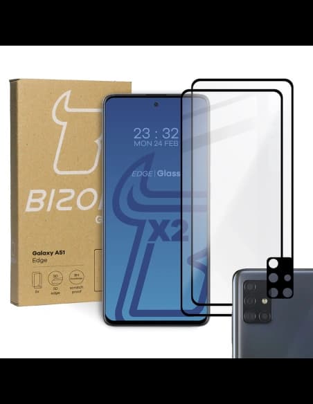 Bizon Glass Edge 2x gehärtetes Glas + Linsenschutz Samsung Galaxy A51 schwarz