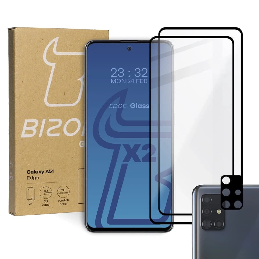 Bizon Glass Edge 2x gehärtetes Glas + Linsenschutz Samsung Galaxy A51 schwarz