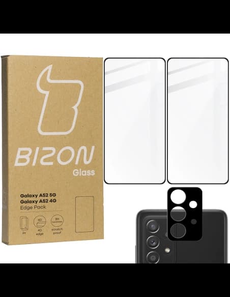 Bizon Glass Edge edzett üveg - [2 PACK] + lencse védelem Samsung Galaxy A52s 5G A52 4G/5G fekete