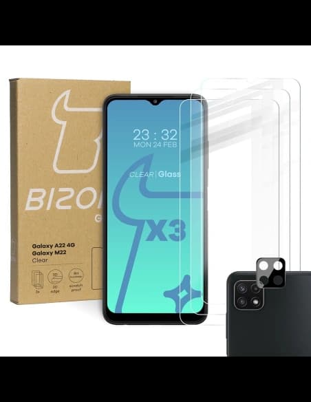 Bizon Glass Clear 3x sticlă temperată + sticlă lentilă Samsung Galaxy A22 4G / M22