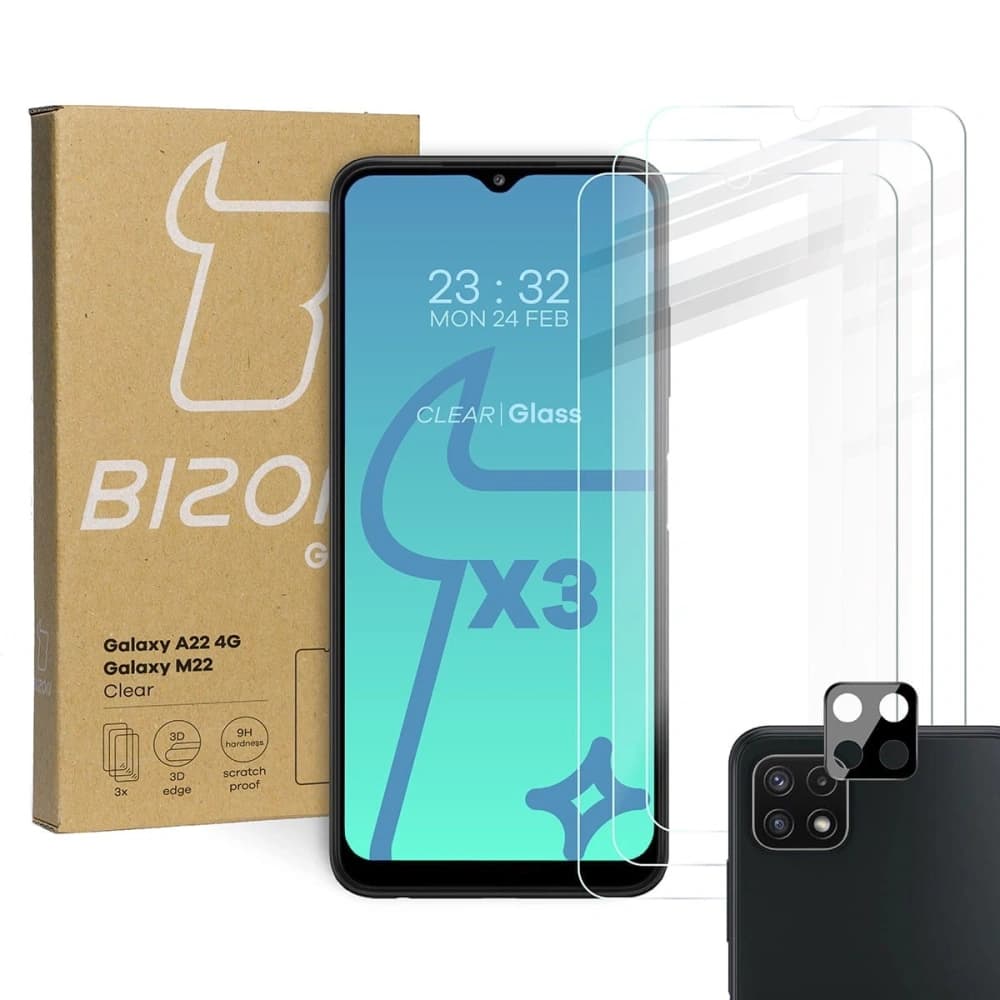 Bizon Glass Clear 3x sticlă temperată + sticlă lentilă Samsung Galaxy A22 4G / M22
