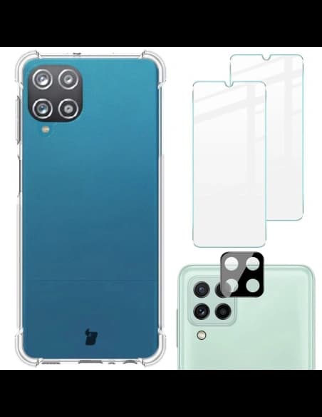 Bizon Case Clear Pack carcasă + 2x sticlă pentru ecran + sticlă pentru lentilă Samsung Galaxy A22 4G / M22 transparentă